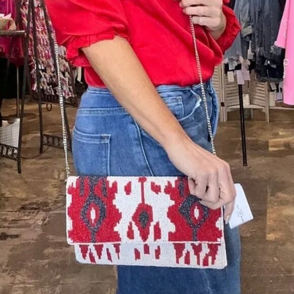 Red Black Ikat Beaded Clutch Crossbody Chain Bag Boho Handbag NEW - Picture 3 of 4